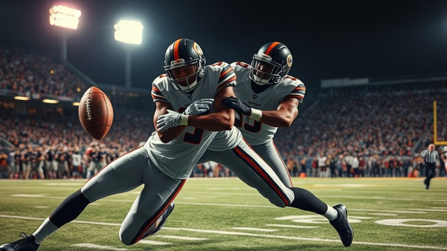 Intense football action with players during a night game.