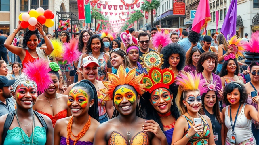 Collage of festive Houston events with costumes and lights.