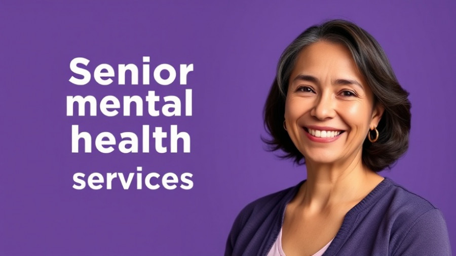 Confident woman discussing mental health for seniors with vibrant text