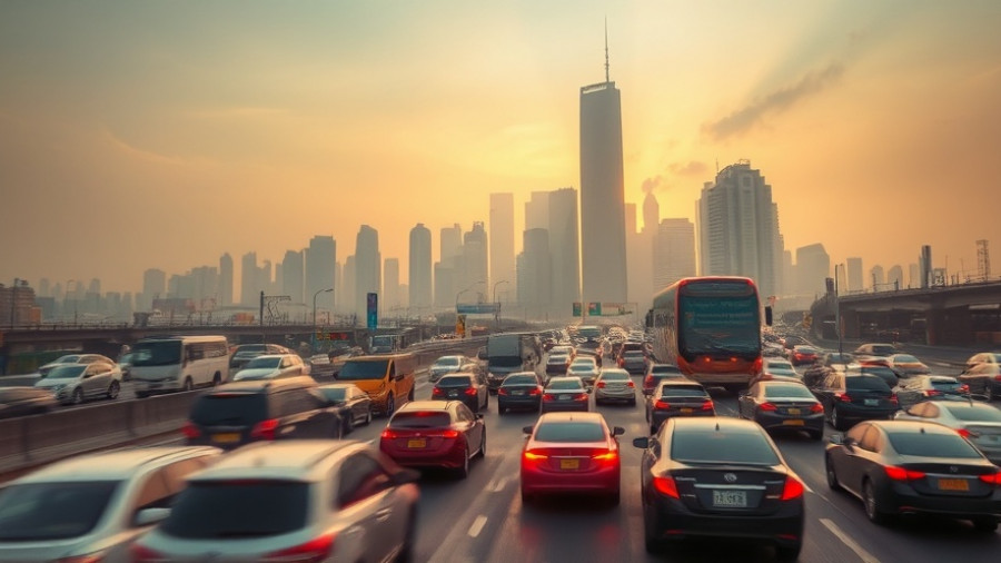 City traffic indicating outdoor air pollution at sunset.