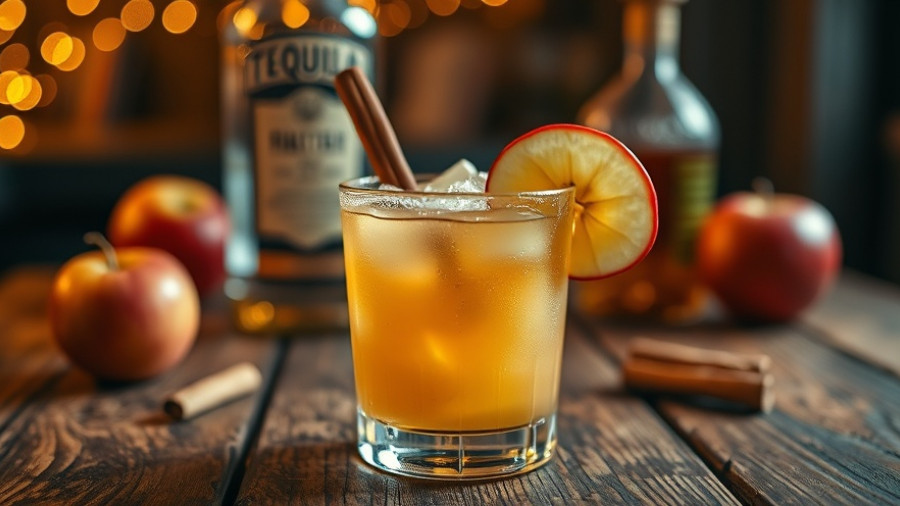 Apple cider margarita on rustic table with tequila bottle.