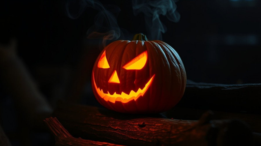 Halloween-themed pumpkin emitting smoke in San Antonio setting.