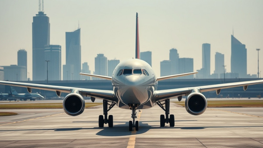 Airplane on runway at Austin, skyline in hazy background, ground delay.