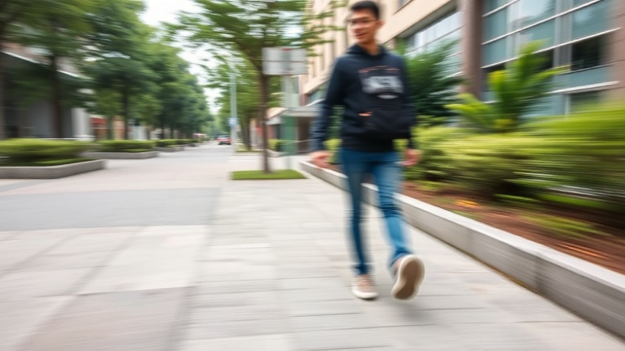 Surveillance image of person walking on Galveston sidewalk, blurred motion.