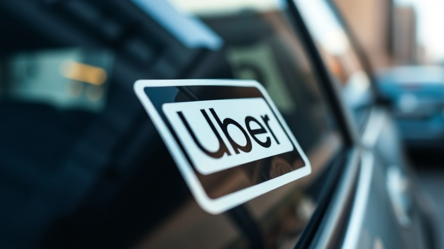 Uber sticker close-up on car window with a blurred urban backdrop.