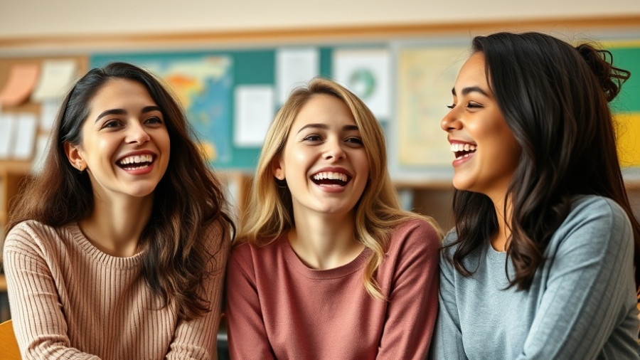 A simple gesture can mean the world to someone: Three joyful young women laughing together in a classroom.
