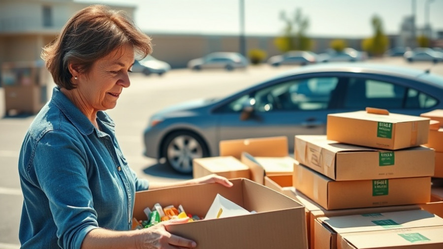 Middle-aged woman sorting food boxes in Texas SNAP benefits distribution.