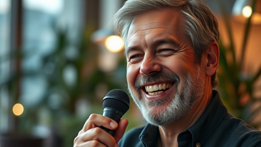 Middle-aged man discussing in a studio with plants in the background.