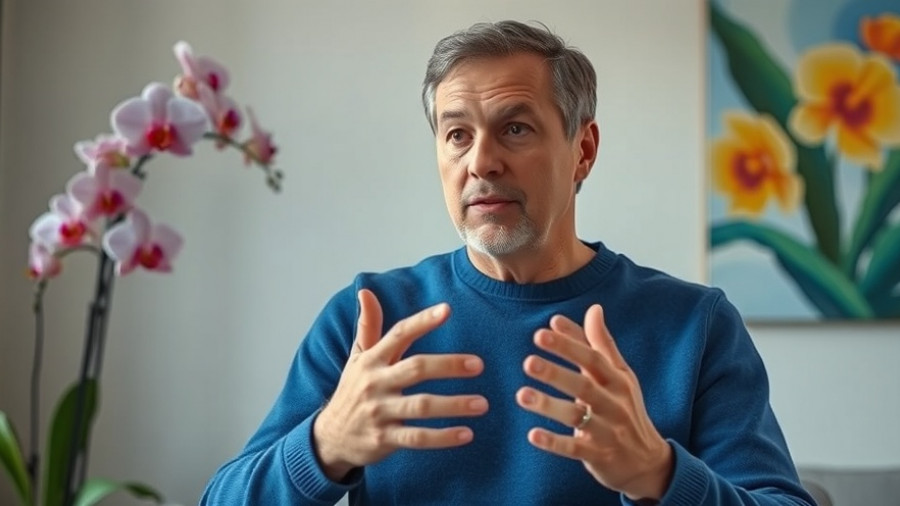 Middle-aged man gesturing indoors; explore how to improve sleep in elderly.