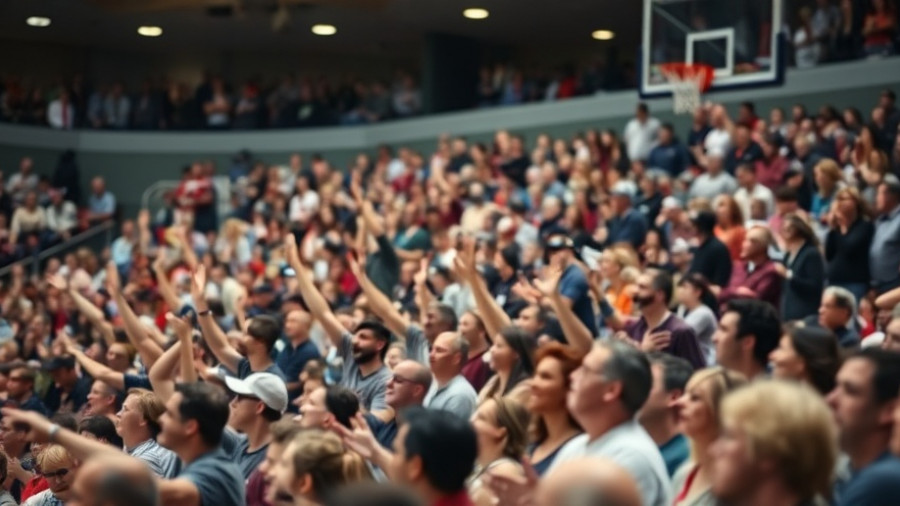 Energetic basketball stadium scene with cheering fans and vibrant atmosphere.