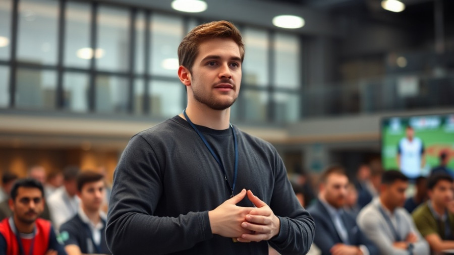 Confident young man speaking at a sports panel, highlighting respect for athletes.