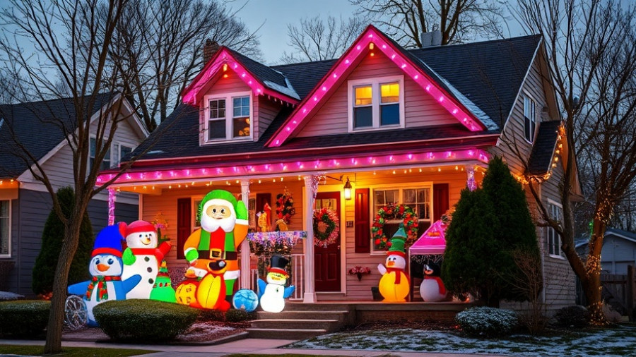 Festive house in Austin with Christmas inflatables, winter destination.