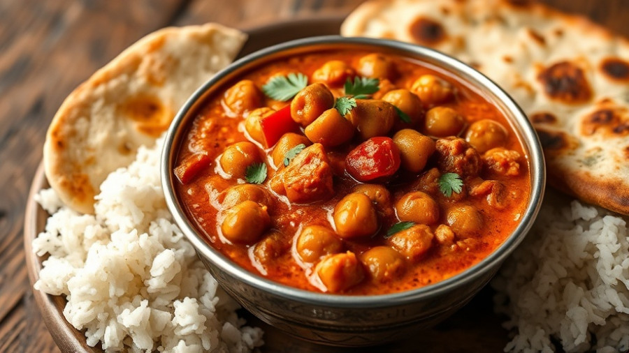 Red Pepper and Chickpea Korma Curry with naan and rice on wooden table.