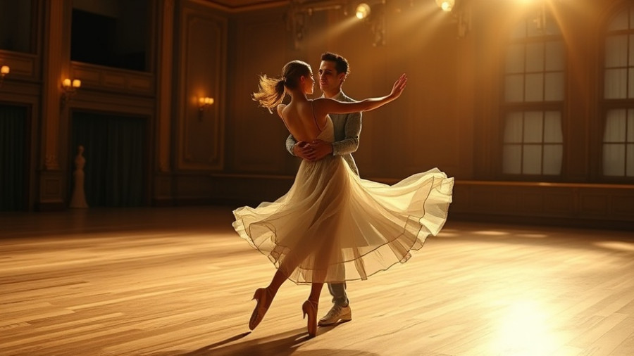 Elegant dancers performing in warm golden lighting on stage.