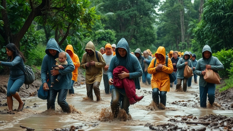People navigating muddy terrain during Hurricane Melissa in Jamaica.
