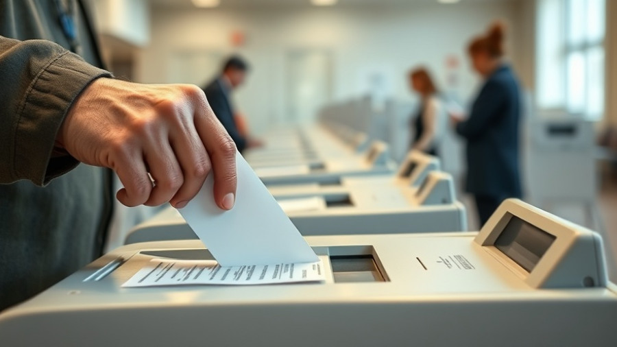 Voter using electronic voting machine for Texas constitutional amendments.