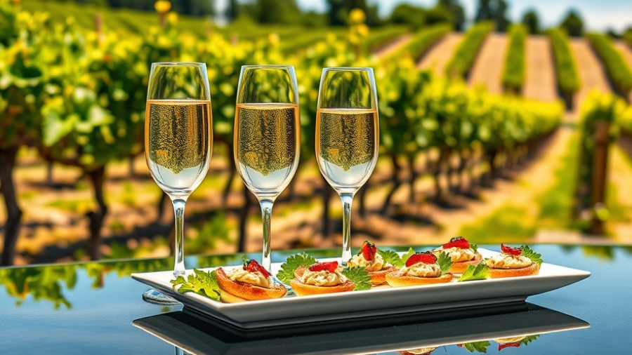 Four champagne flutes of sparkling wine with vineyard background.