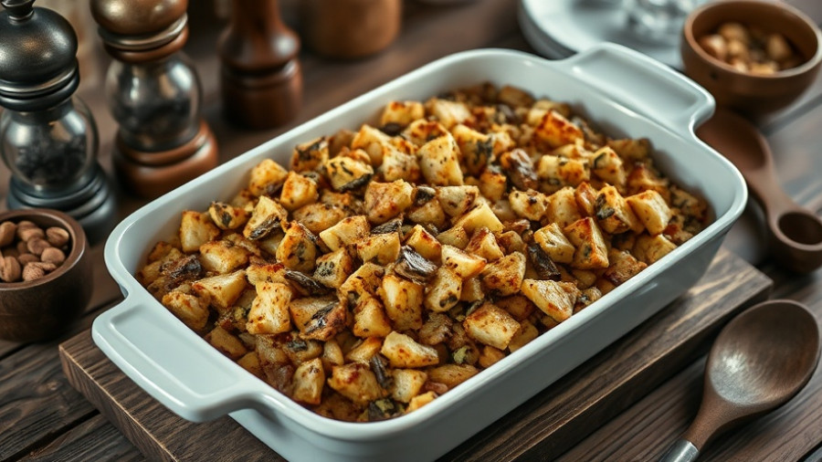 Golden brown oyster stuffing in a casserole dish on a rustic table.