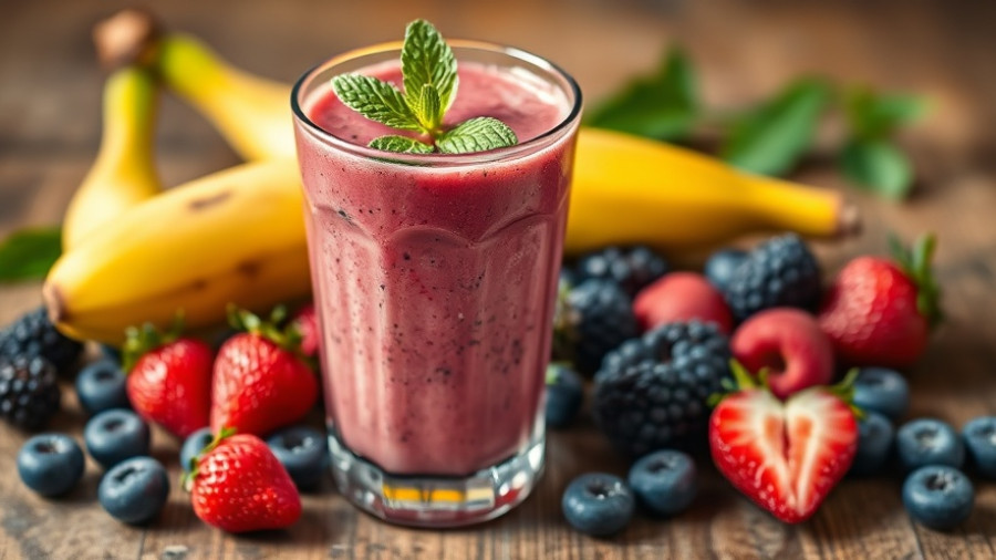 Berry banana smoothie with mint, vibrant health benefits display.