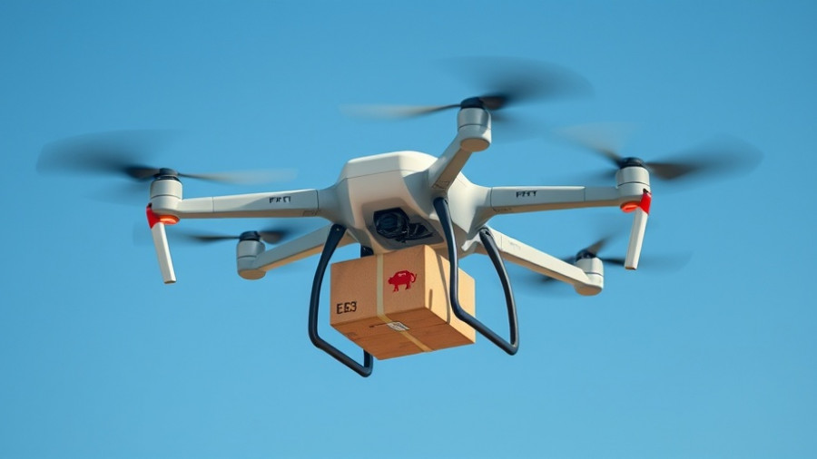 Futuristic drone in flight over Dallas sky, showcasing modern delivery technology.