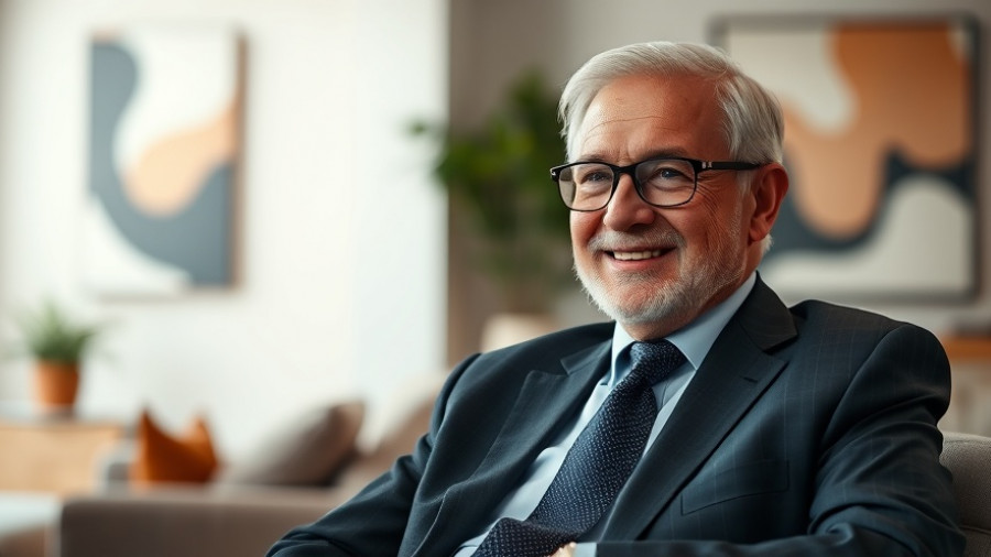 Smiling man in suit with Bob Mackie art background