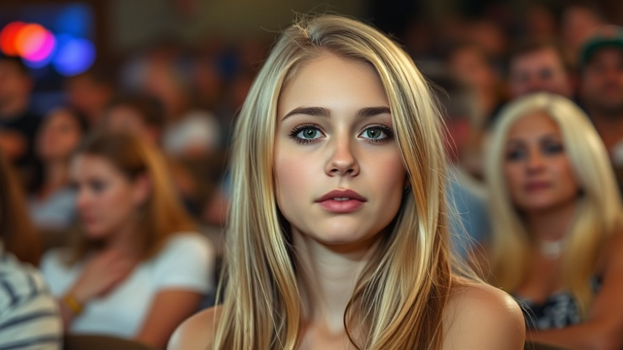 Young woman in a crowded event offering a serene look.