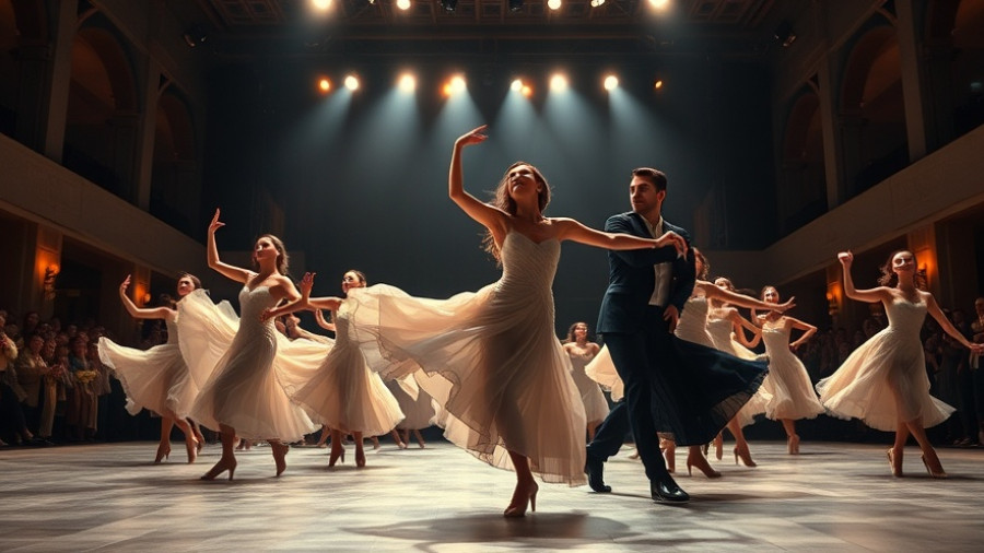 Dancers performing gracefully on stage in warm lighting.