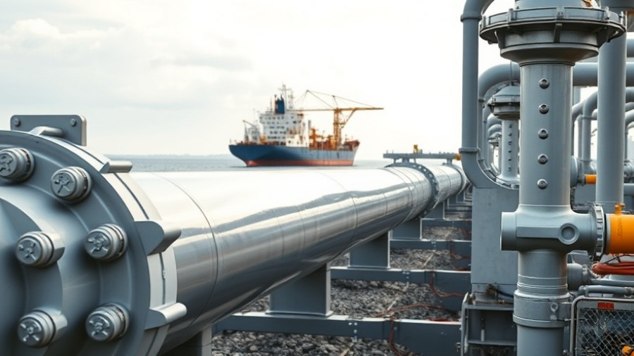 Natural gas pipeline near Houston with a ship in the background.