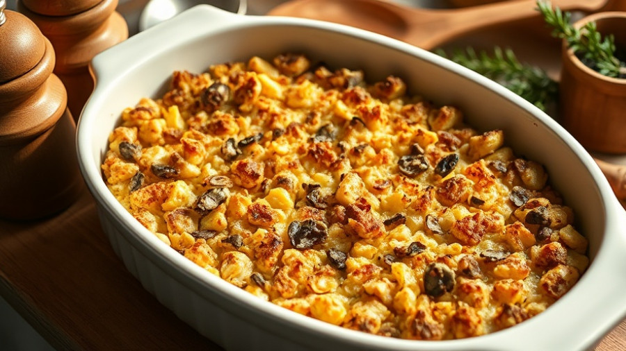 Golden oyster stuffing recipe in a ceramic dish