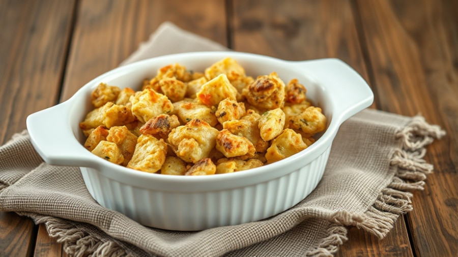 Golden oyster stuffing in white dish on table