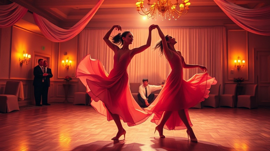 Elegant dancers performing a graceful lift in a warmly lit ballroom.