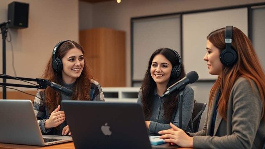 Engaged women hosting podcast in studio for Boys Talk Podcast.
