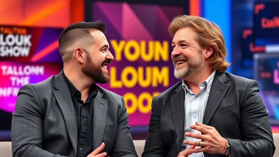 Vibrant talk show scene with two smiling men discussing