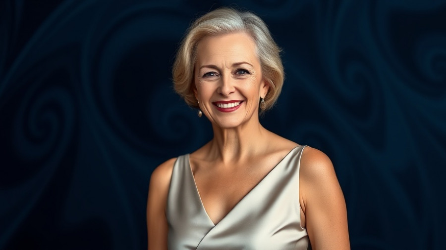 Elegant woman smiling, satin dress, navy background, Leanne Morgan plastic surgery decision.