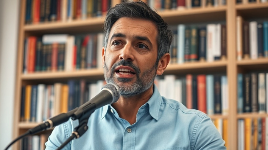 Man discussing in front of a microphone with bookshelves in the background.