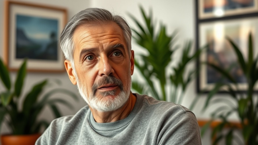 Thoughtful middle-aged man discussing mental wellness for seniors indoors.