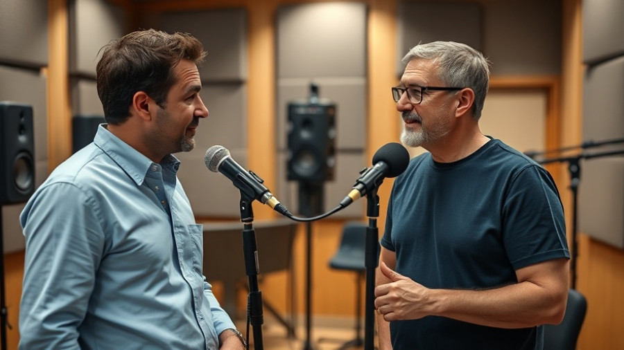 Two men in a recording studio discussing college sports rankings