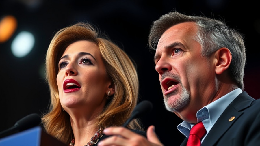 National political news: passionate speakers highlighted against a dark background.