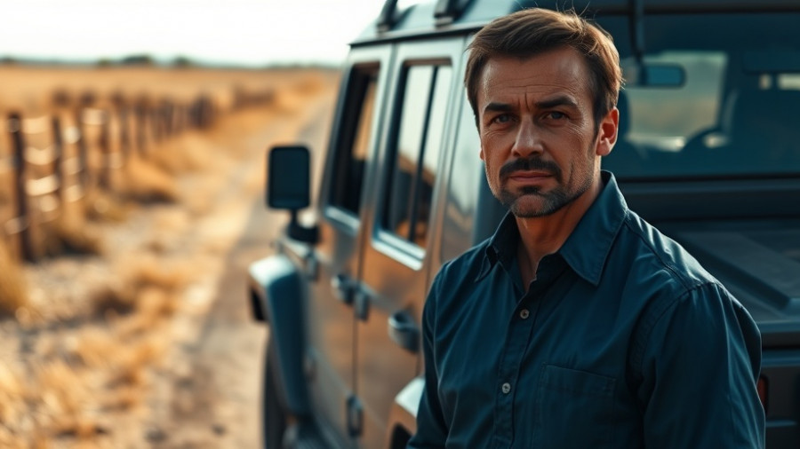 Austin crime reports scene with SUV and man on rural road.