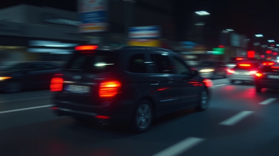 Blurry photo of vehicle with lights on, related to Austin traffic fatalities.