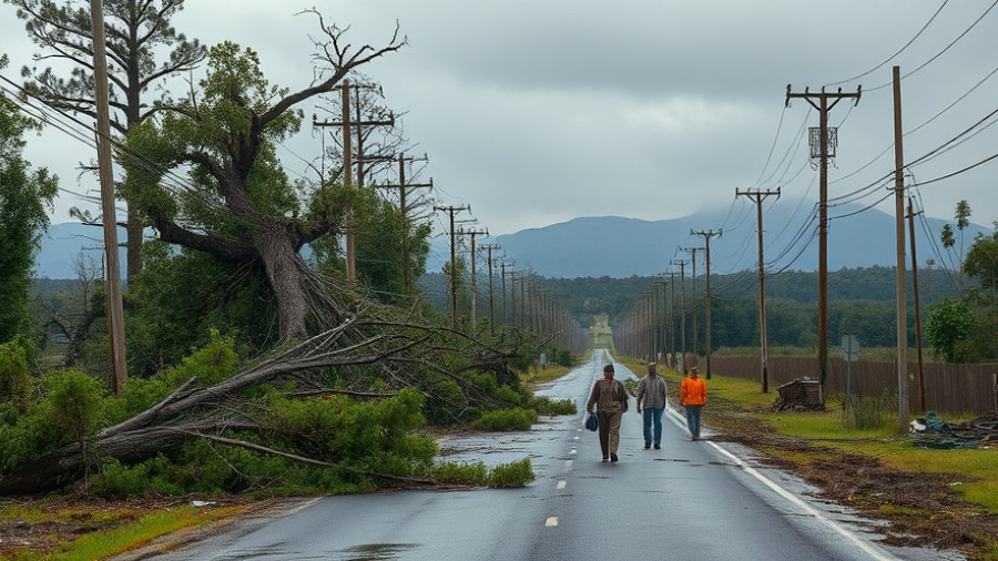 Hurricane Melissa destruction aftermath with debris and damaged power lines.
