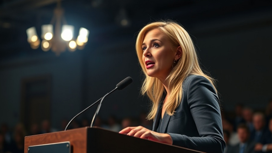 Erika Kirk passionately speaks at an event, dimly lit background.