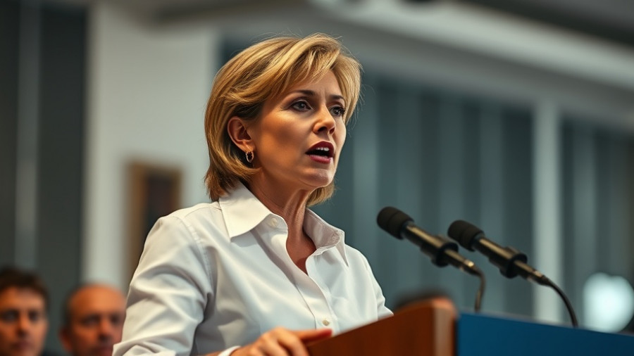 Erika Kirk tribute to late husband, woman speaking at podium, indoor event.