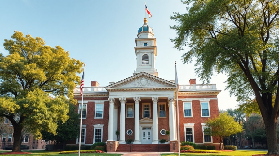 Historic courthouse with flags, Texas judges same-sex marriages, serene setting