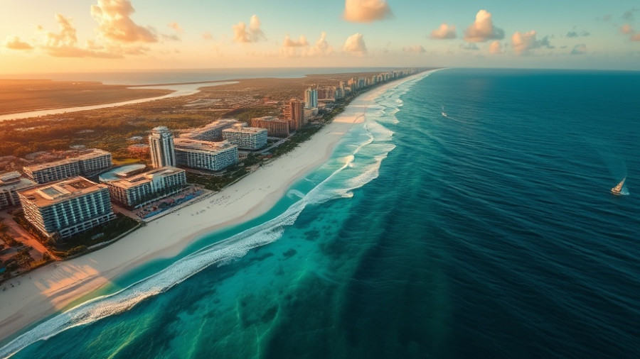 Aerial view of Cancún coastline, luxury resorts and beach.