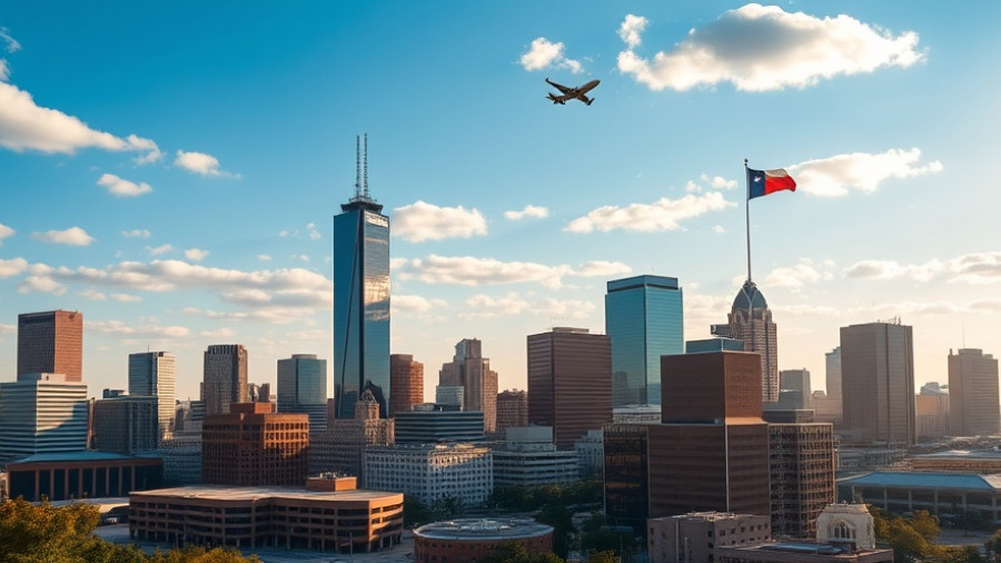 Dallas skyline against Death Star law backdrop, Texas flag.