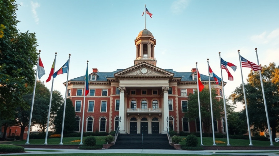 Historic courthouse with flags, Texas same-sex weddings ruling.