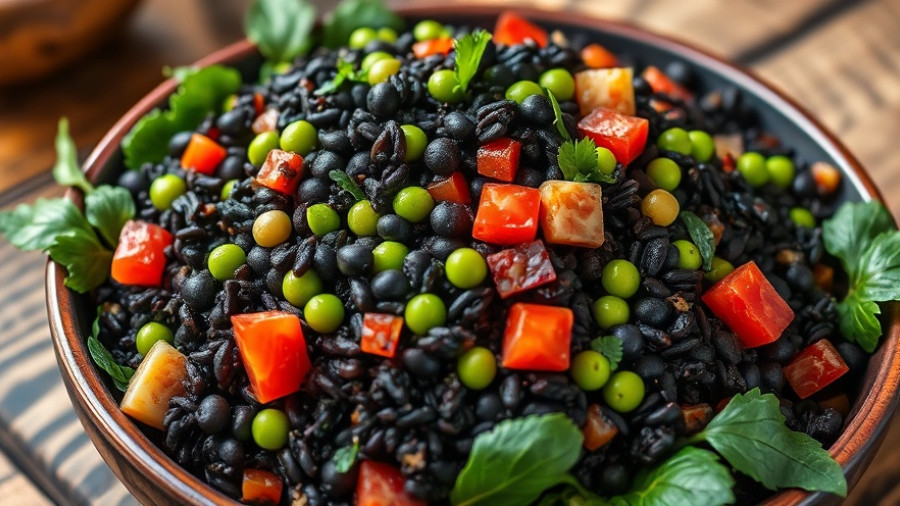 Fresh and colorful black rice peas recipe in a white bowl.