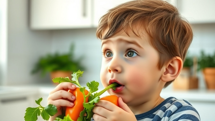 Child enjoying vegan food in bright kitchen.