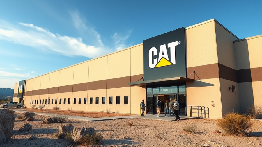 Caterpillar industrial building landscape under blue sky reflecting stock performance.